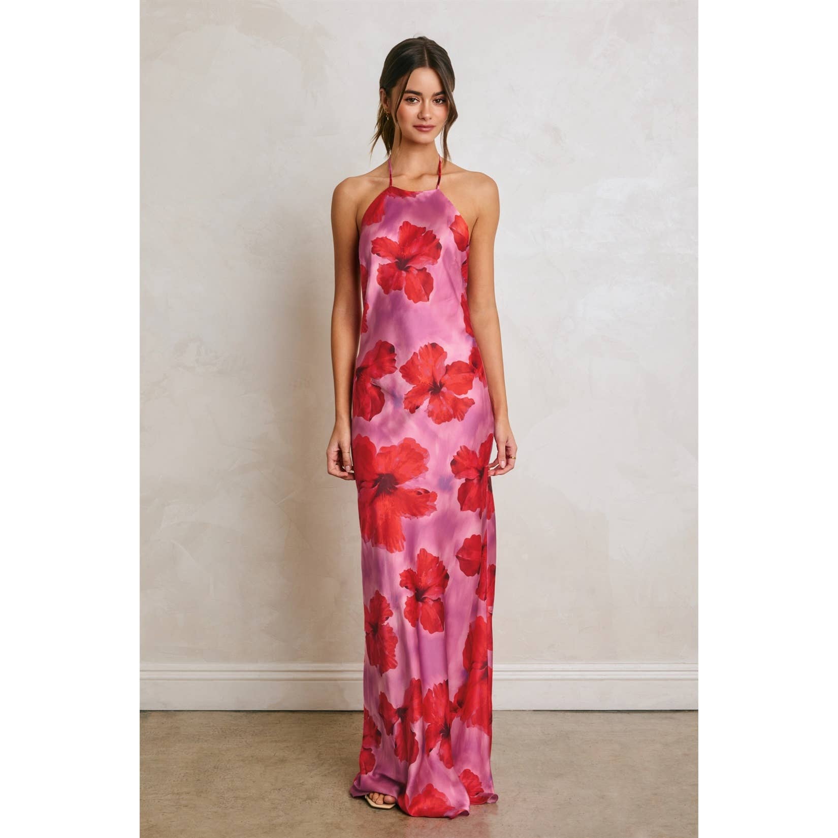 Hibiscus Escape Open Back Halter Maxi Dress