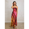 Watercolor Stripe Satin Strapless Bias Cut Maxi Dress