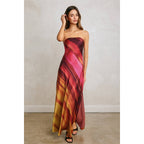 Watercolor Stripe Satin Strapless Bias Cut Maxi Dress