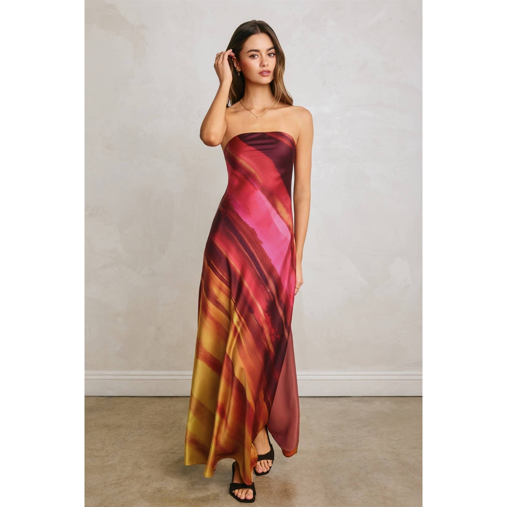Watercolor Stripe Satin Strapless Bias Cut Maxi Dress