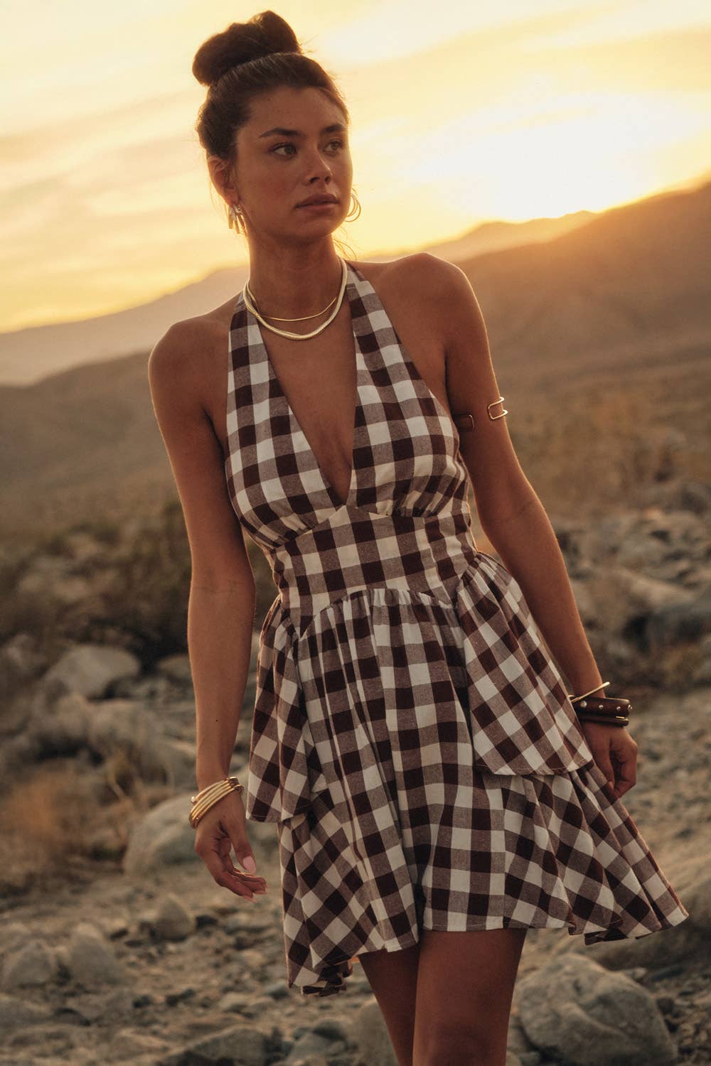 Gingham Plaid Ruffle Peplum V-Neck Halter Mini Dress