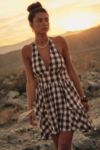 Gingham Plaid Ruffle Peplum V-Neck Halter Mini Dress