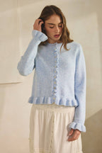 BABY BLUE-Ruffle Wave Button Knit Cardigan