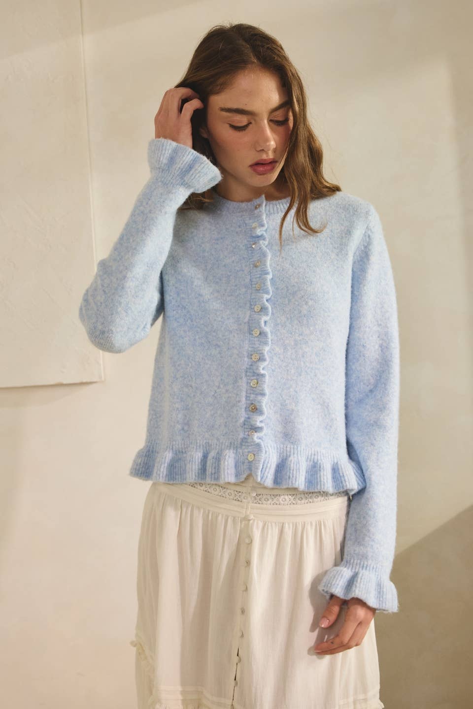 BABY BLUE-Ruffle Wave Button Knit Cardigan