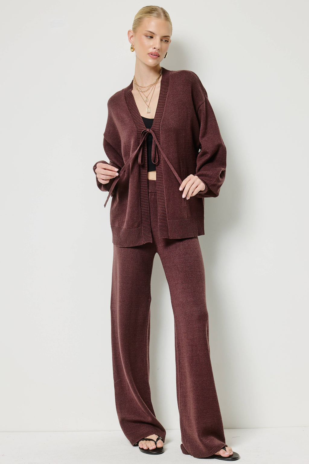 Tie Front Knit Cardigan and Pants Set