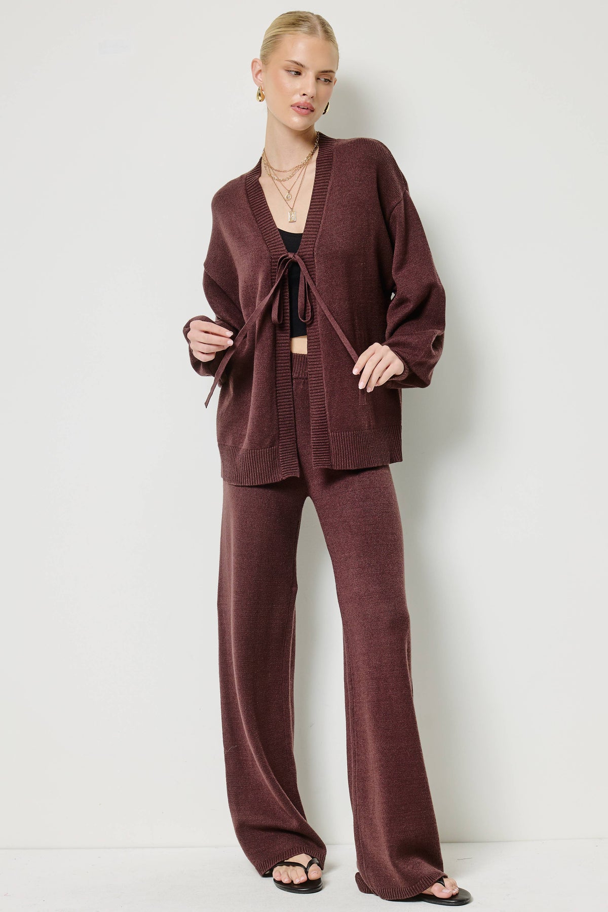 Tie Front Knit Cardigan and Pants Set