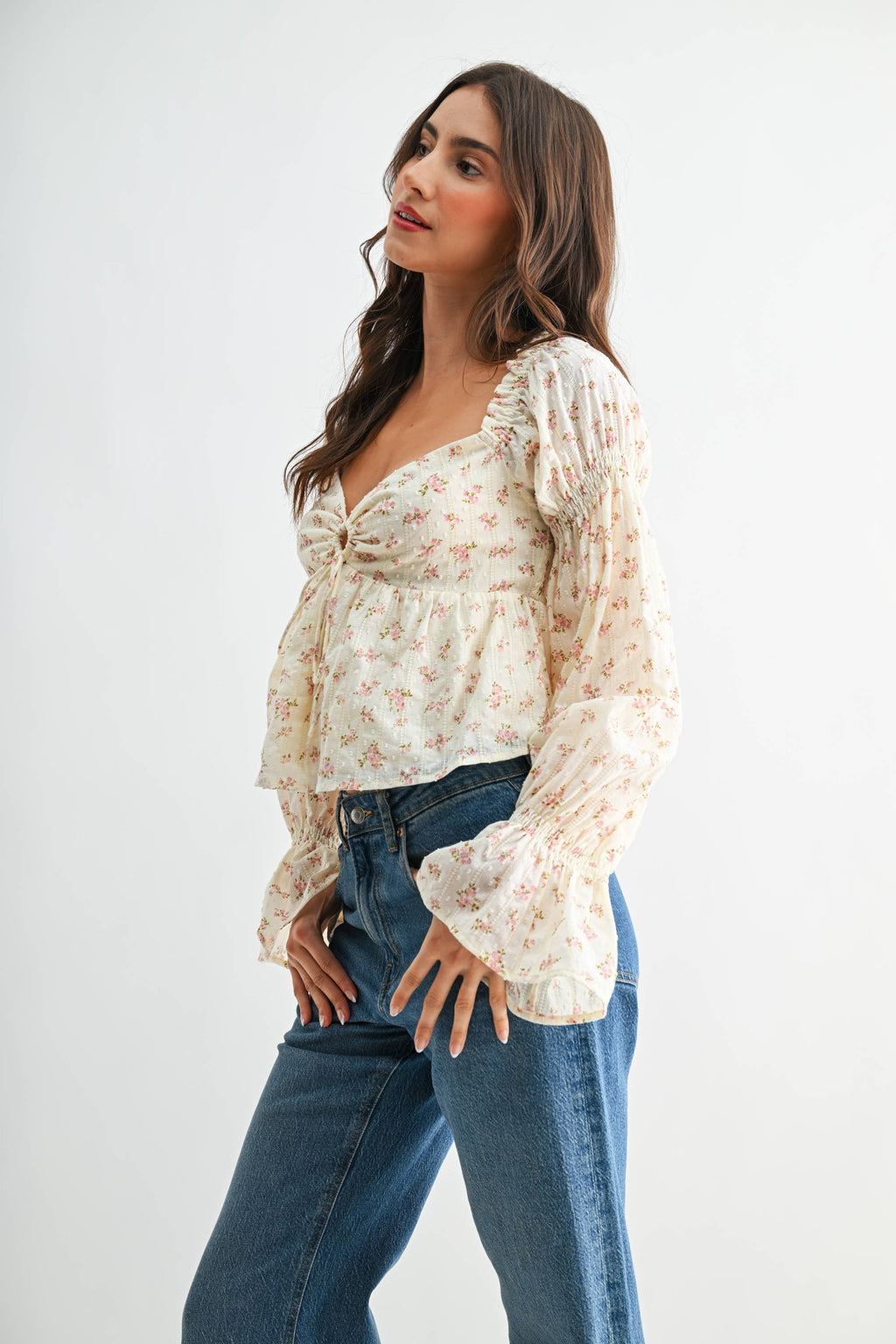 Floral Long-Sleeve Blouse with Smocked Back