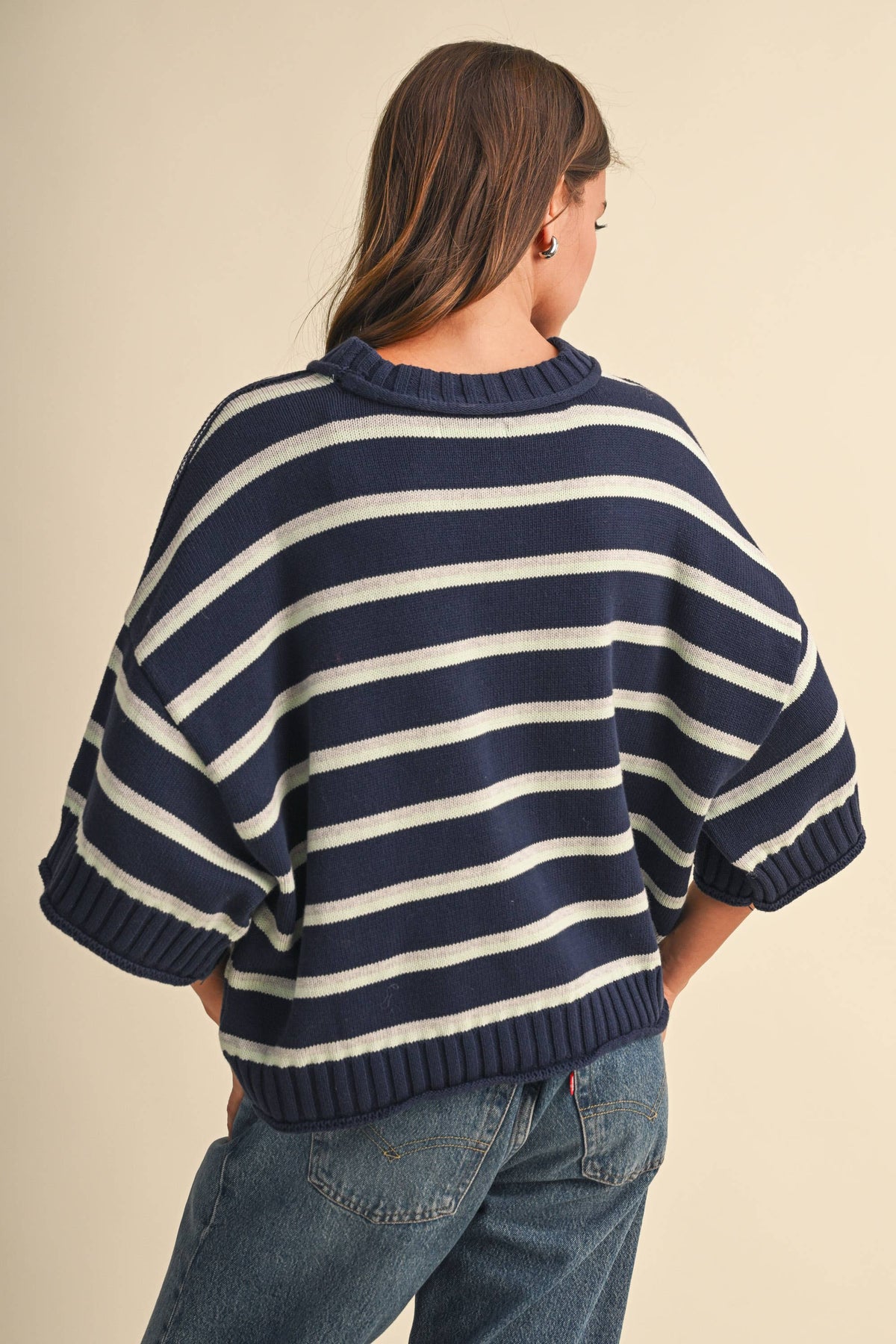 STRIPED HALF SLEEVE SWEATER RELAXED FIT CROPPED TOP