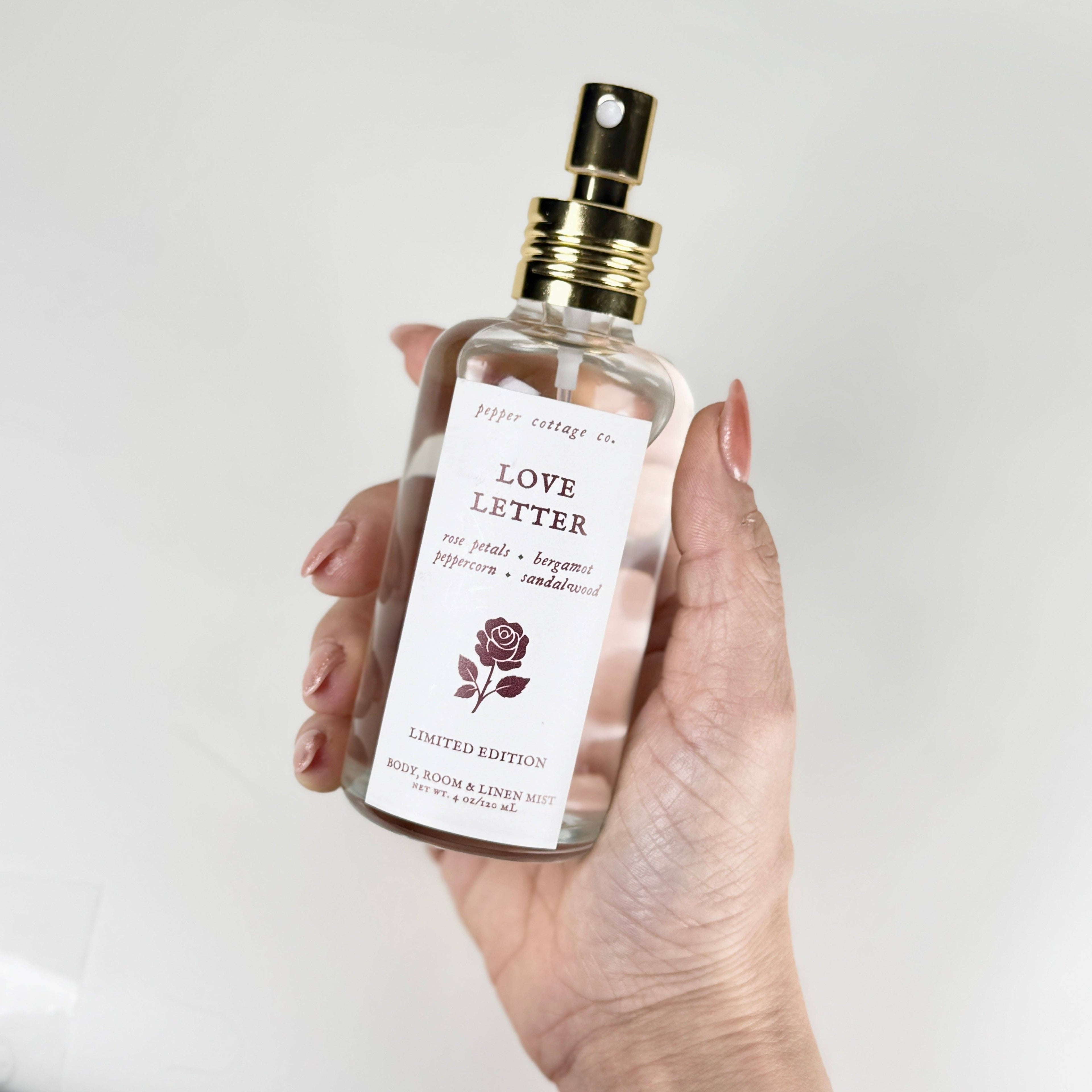 Love Letter 4 oz Body, Room, and Linen Mist LIMITED EDITION | Rose Petals, Bergamot, Peppercorn, Sandalwood | Valentine's Day Body Spray