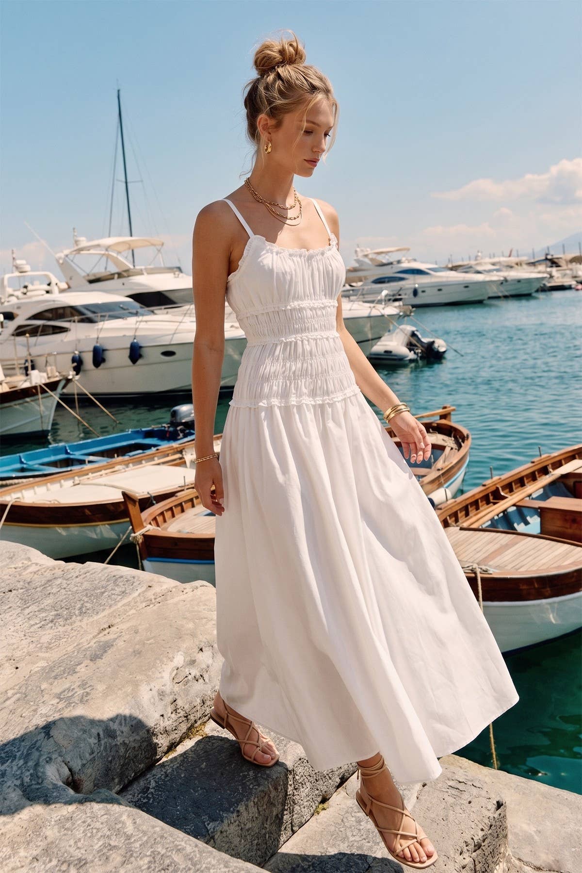 WHITE SMOCKED MAXI COTTON DRESS