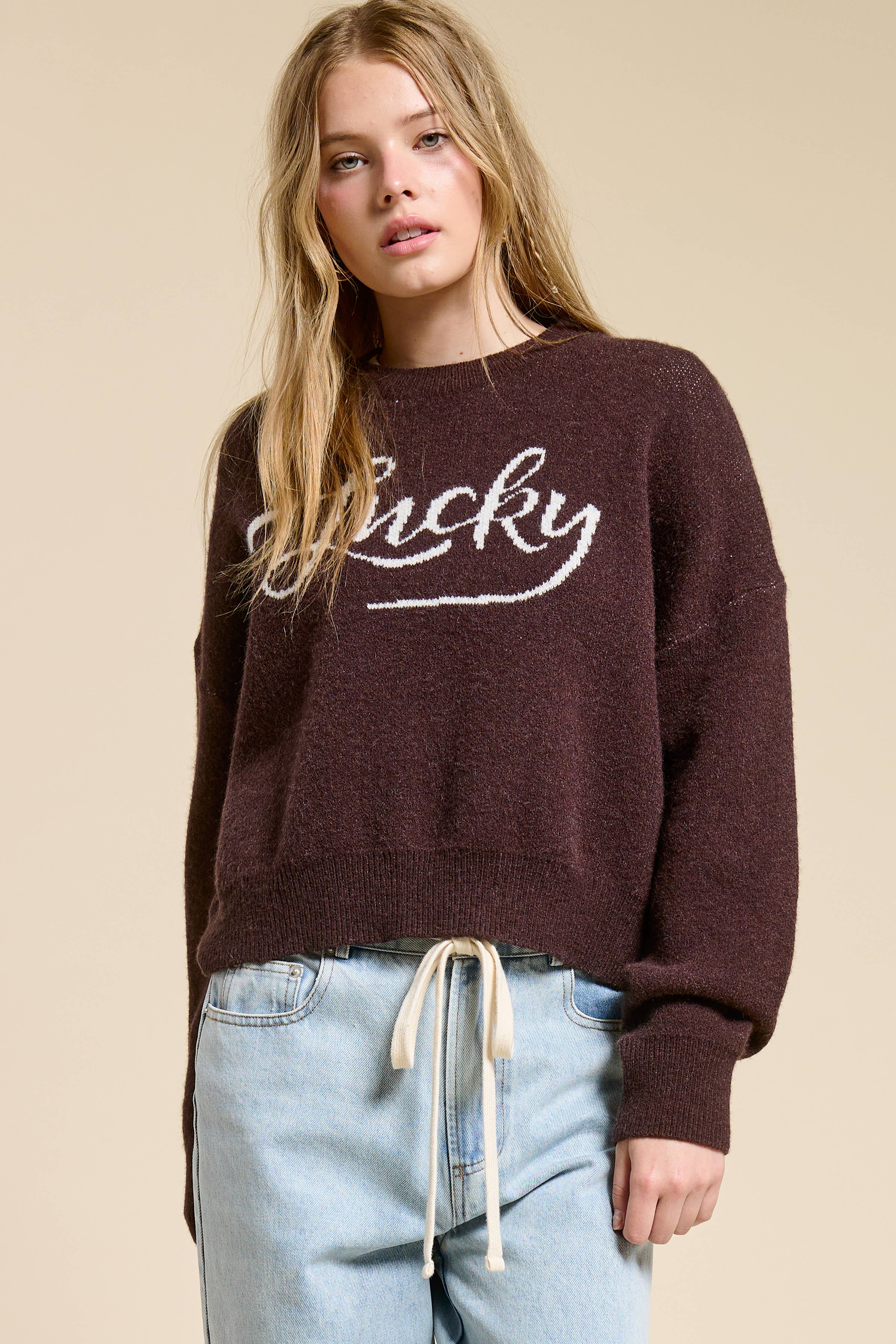 Lucky Graphic Crewneck Knit Sweater: Chocolate
