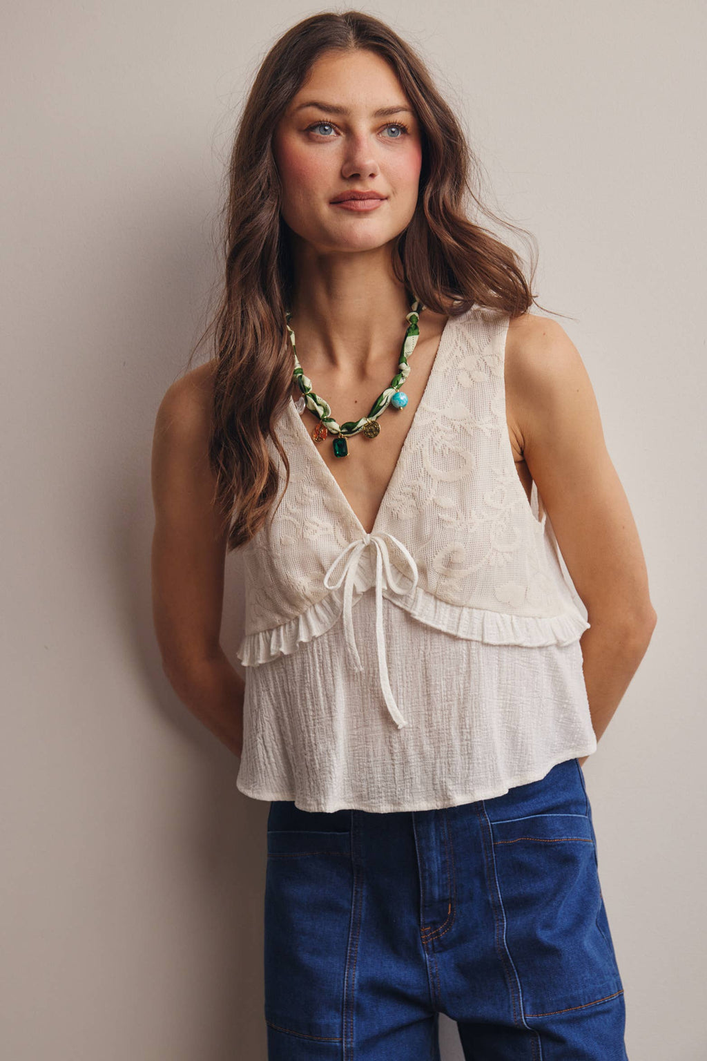 Lace Yoke Tie-Front Sleeveless Top