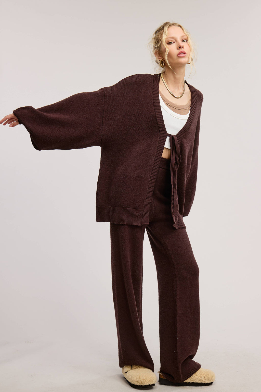Tie Front Knit Cardigan and Pants Set