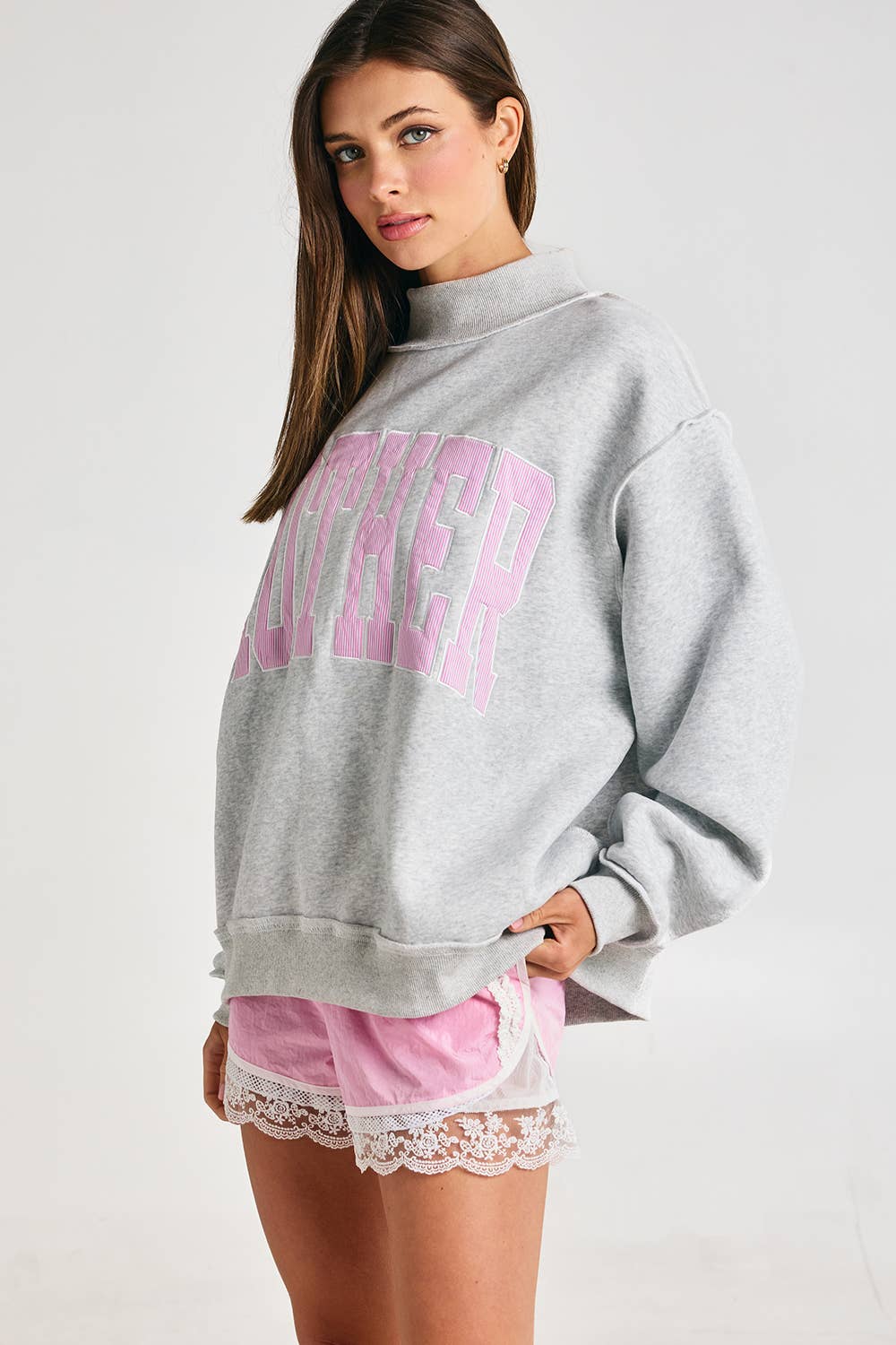 Embroidered "MOTHER" Mock Neck Sweatshirt