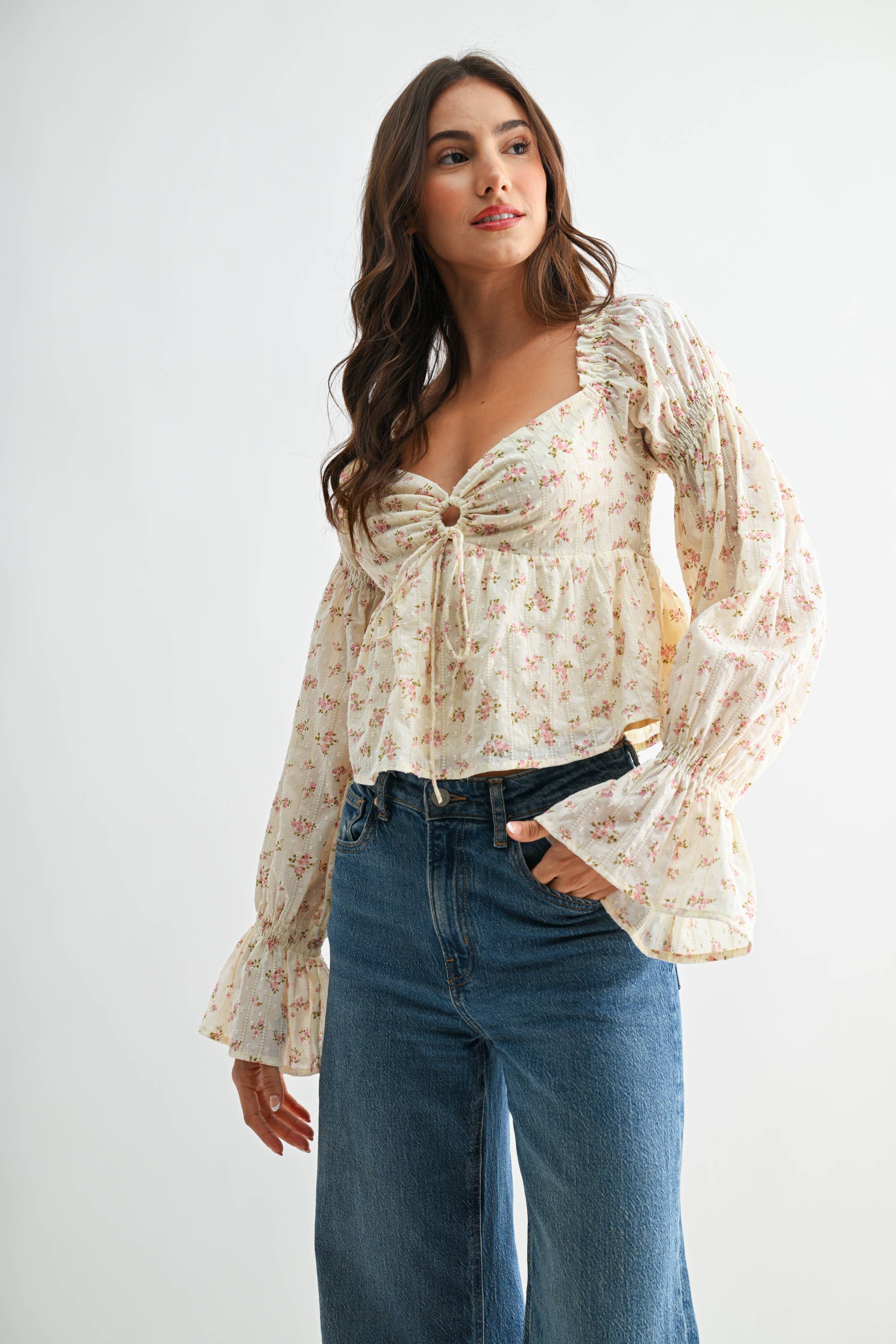 Floral Long-Sleeve Blouse with Smocked Back