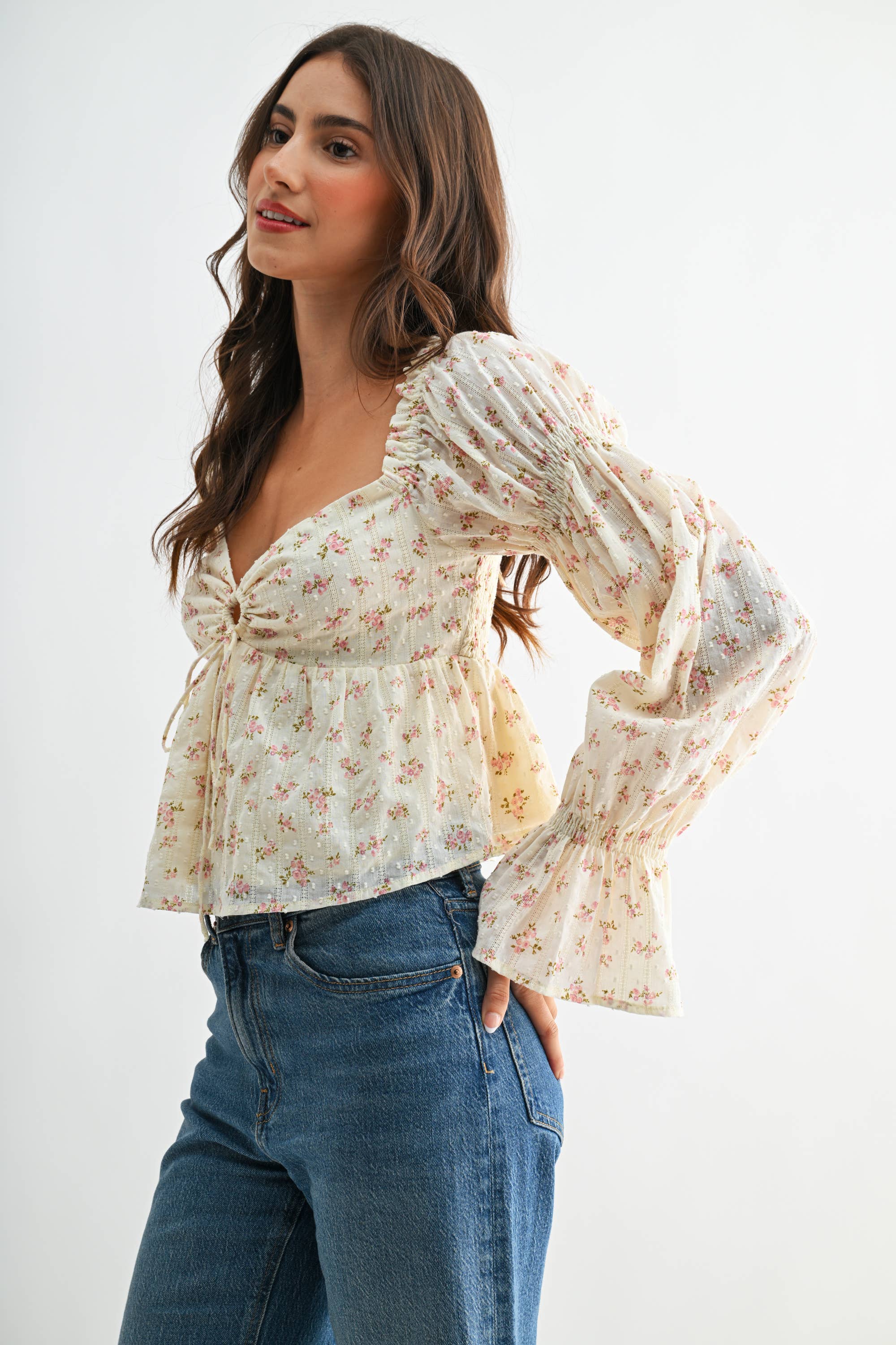 Floral Long-Sleeve Blouse with Smocked Back