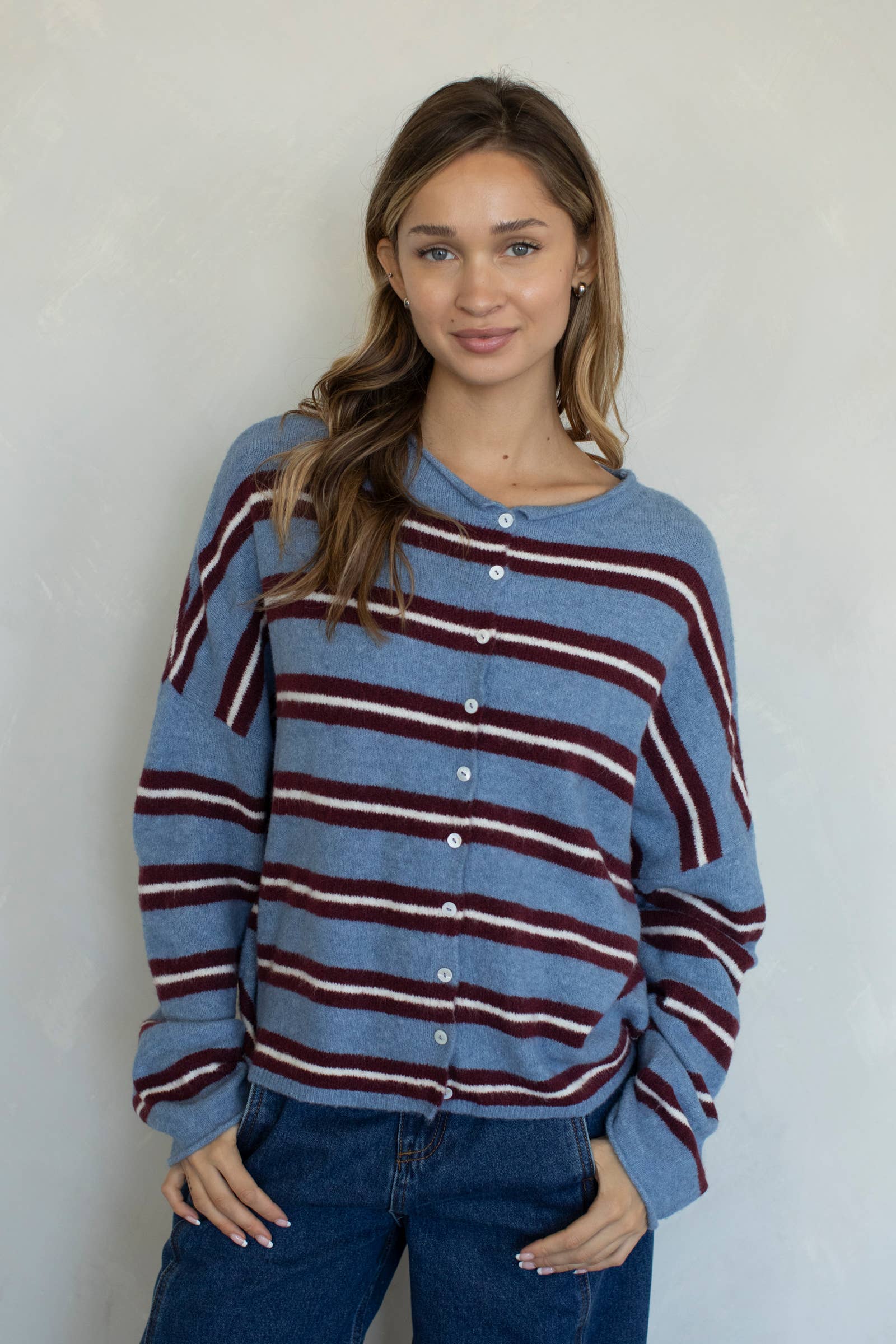 Piper Cardigan - Rose Varsity Stripe