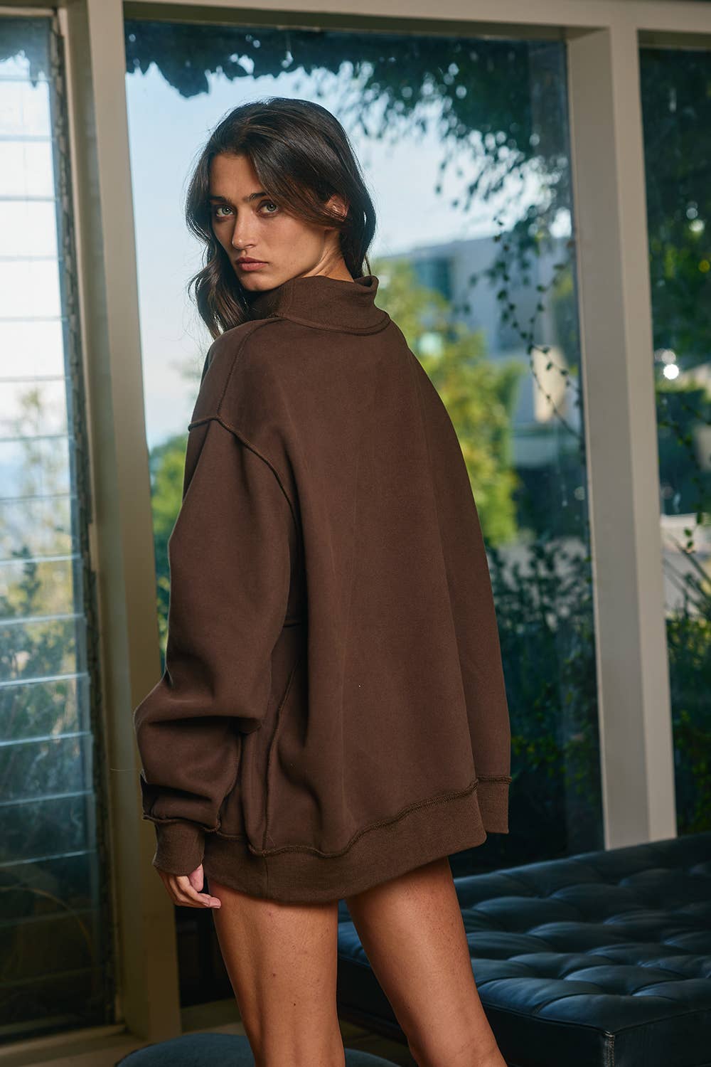 Chocolate Brown Solid Reversible Mock Neck Sweatshirt