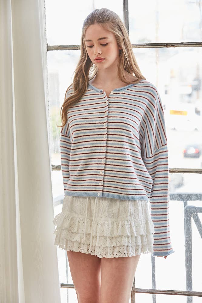 Striped Roll Neck Heavyweight Cardigan