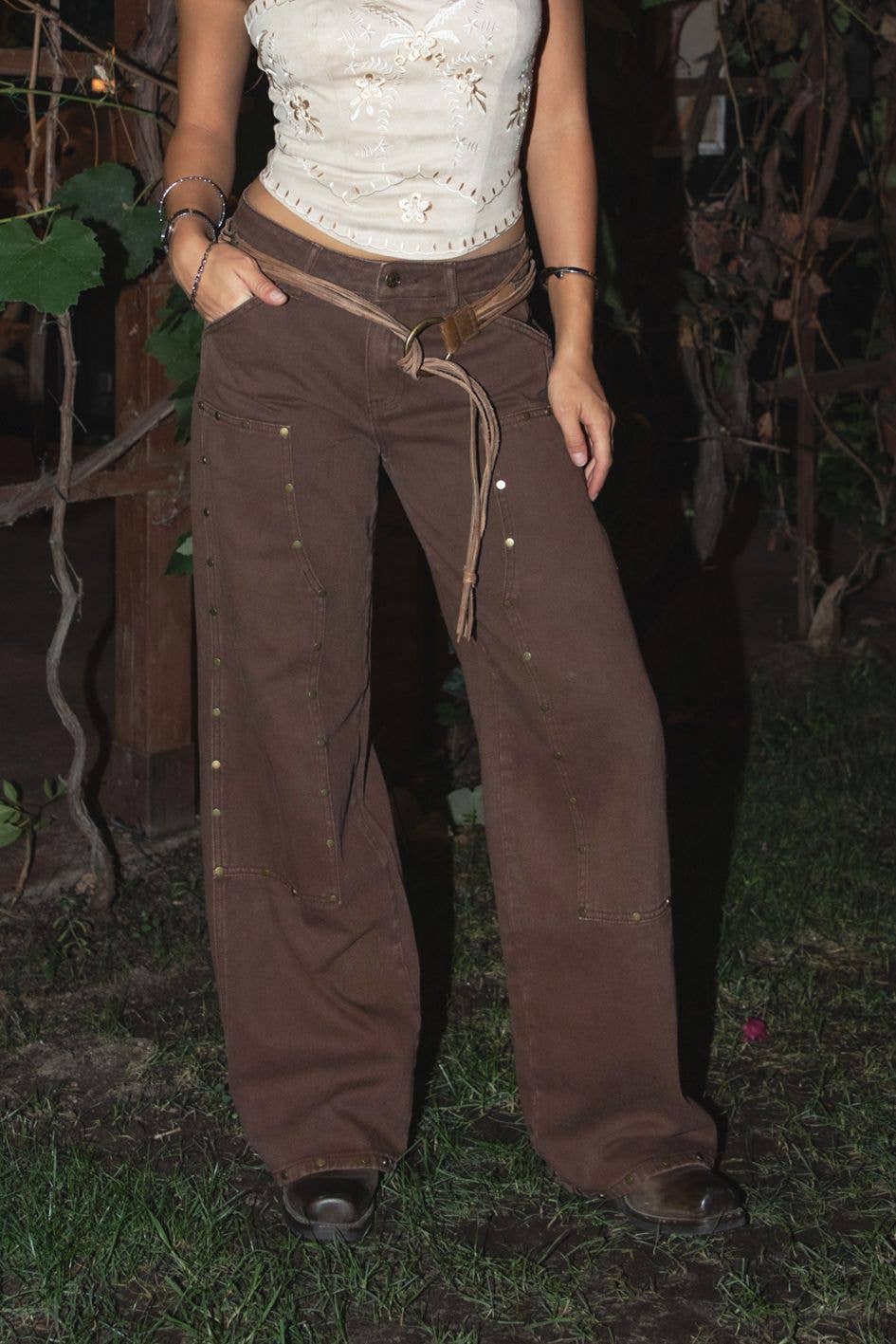 IZLA Denim Twill Mid Rise Studded Carpenter Pants