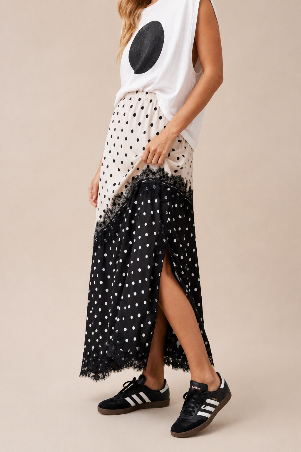 Asymmetrical Polka Dot Lace Maxi Skirt