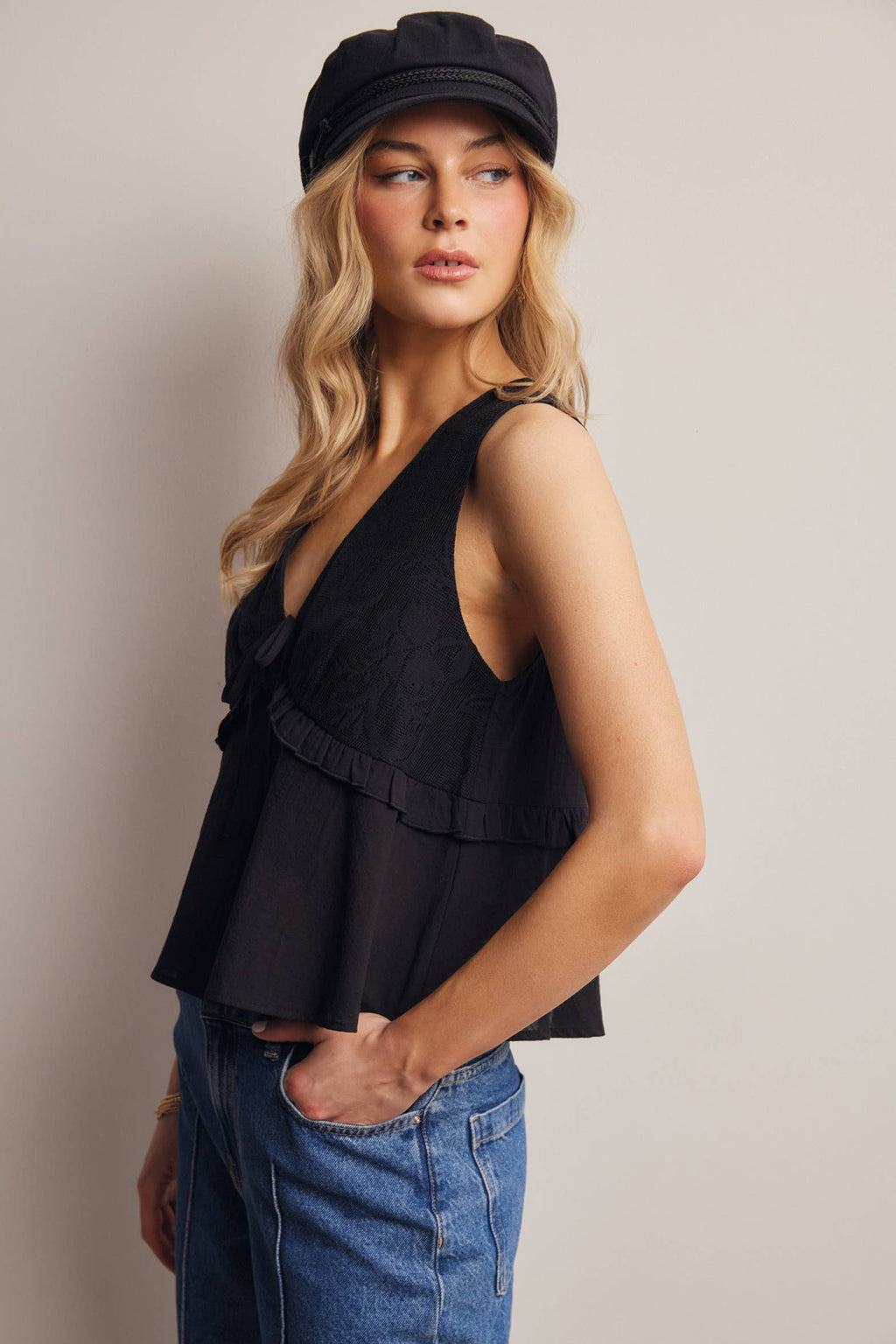 Lace Yoke Tie-Front Sleeveless Top
