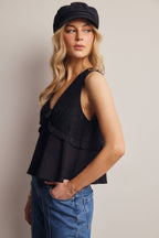 Lace Yoke Tie-Front Sleeveless Top