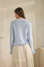 BABY BLUE-Ruffle Wave Button Knit Cardigan