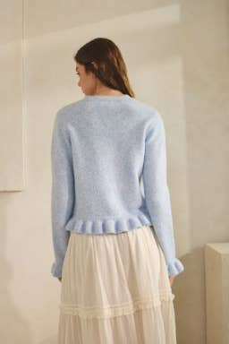 BABY BLUE-Ruffle Wave Button Knit Cardigan