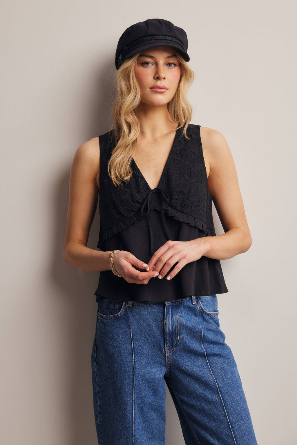 Lace Yoke Tie-Front Sleeveless Top