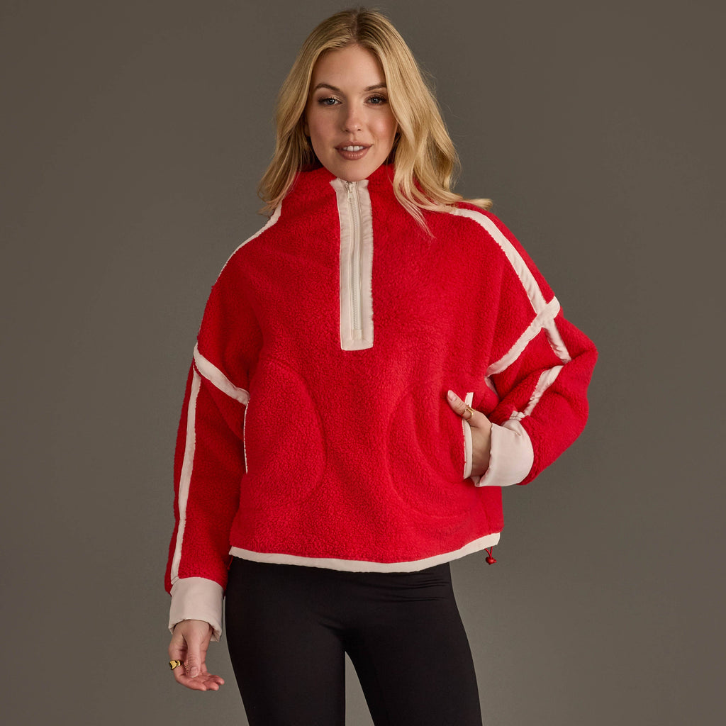 Red & Beige Half Zip Sherpa Fleece Sweatshirt