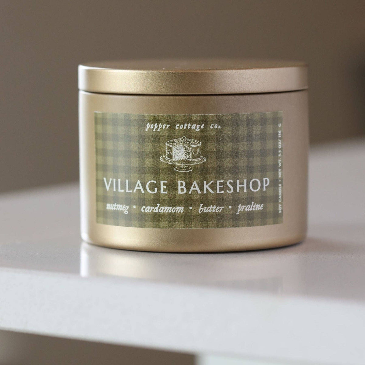 Village Bakeshop 5.5 oz Soy Candle | Nutmeg, Cardamom, Butter, Praline |  Bakery Holiday Candle Tin