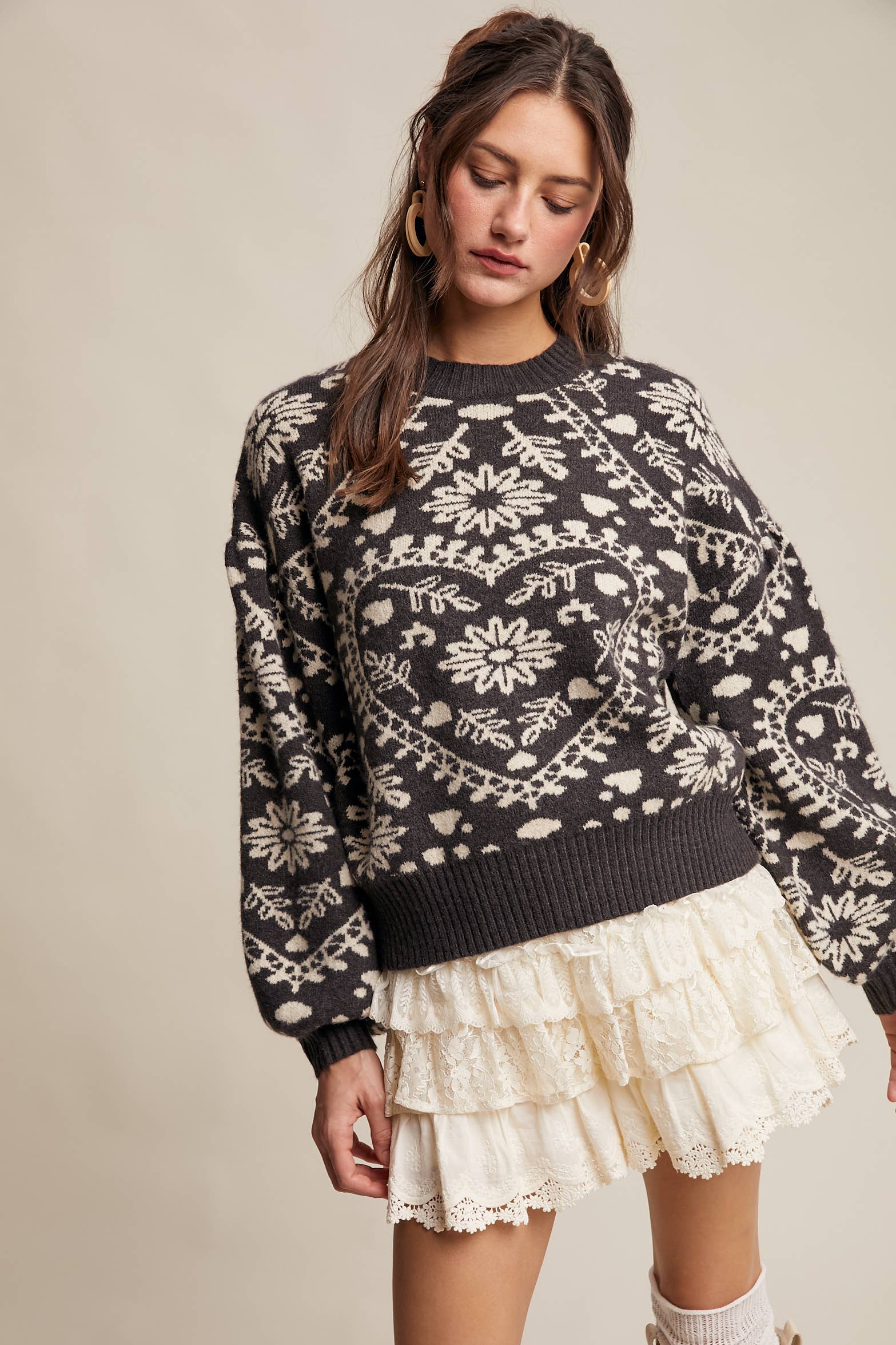 Heart Jacquard Knit Sweater: Charcoal