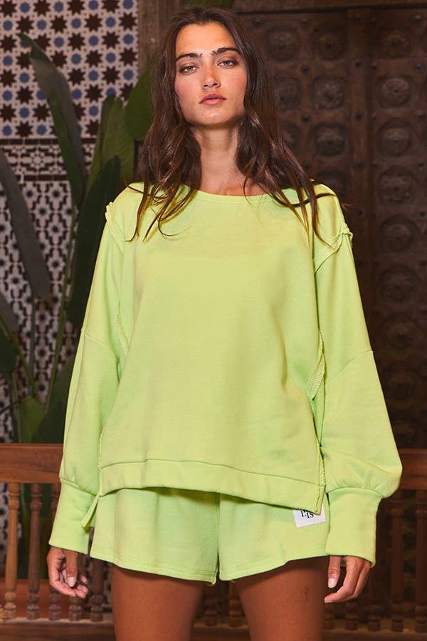 Lime Green Raw Edge Detail Hi-Low Hem Solid Terry Top