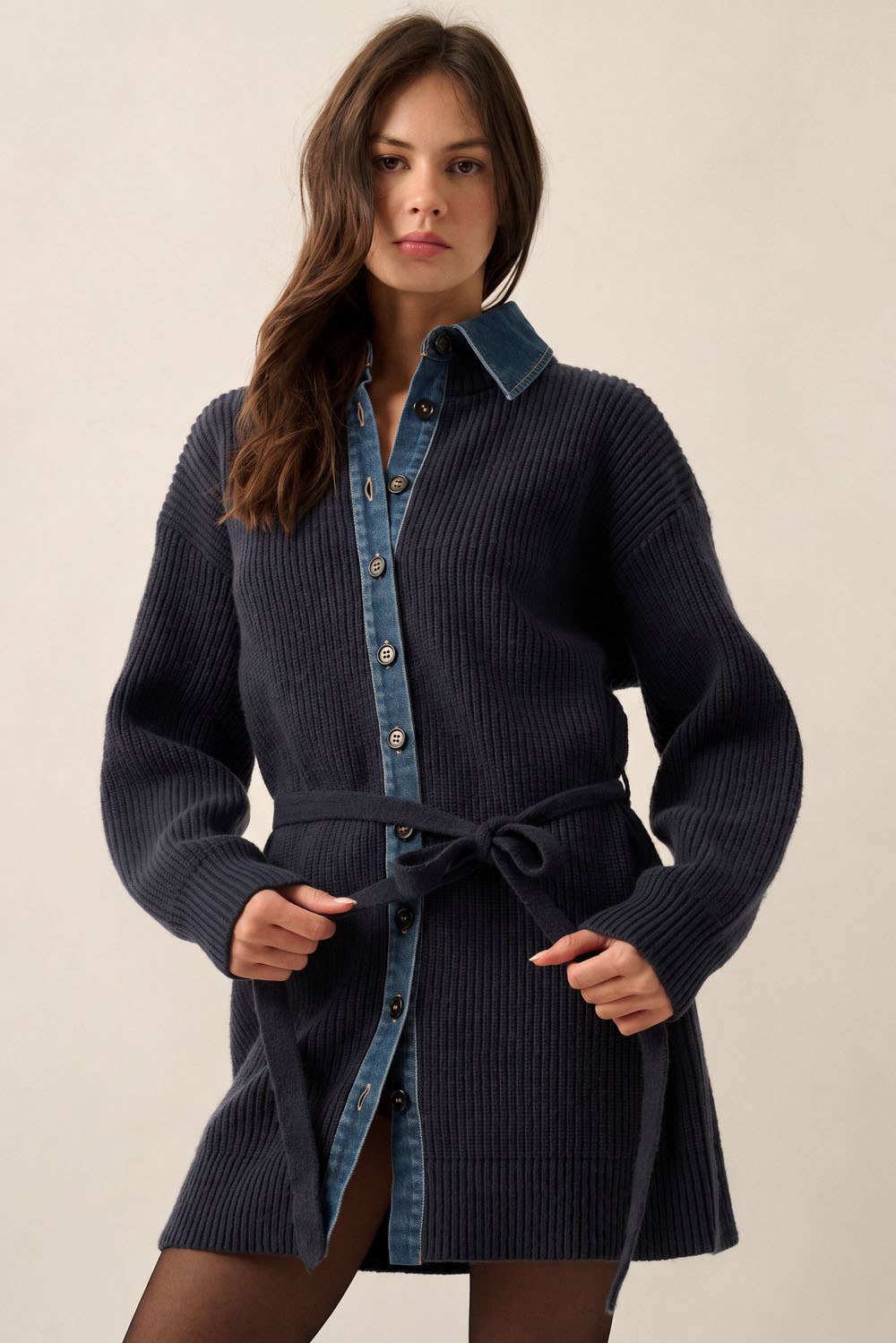 Collared Buttoned Mini Sweater Dress