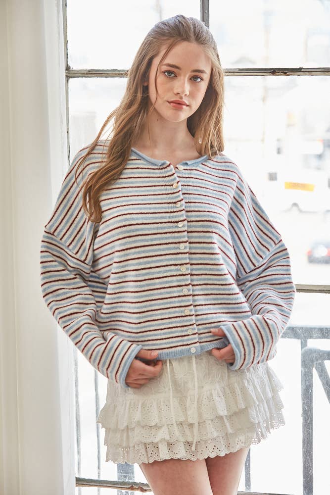 Striped Roll Neck Heavyweight Cardigan