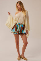 Floral-Print Satin Gathered Drawstring Mini Skort