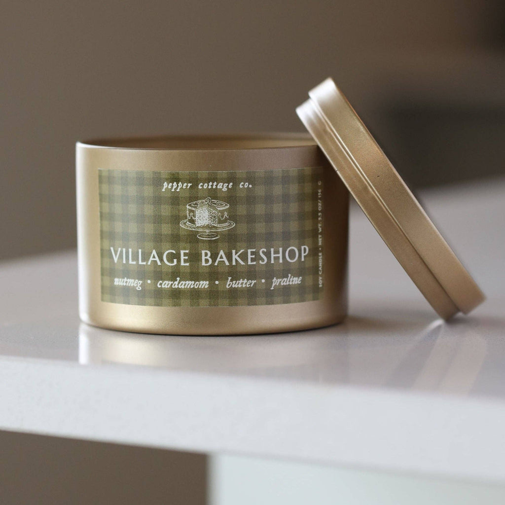Village Bakeshop 5.5 oz Soy Candle | Nutmeg, Cardamom, Butter, Praline |  Bakery Holiday Candle Tin