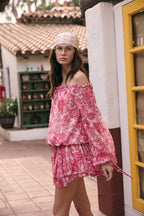 VIVID FLORAL OFF-SHOULDER TIE ACCENT MINI ROMPER DRESS