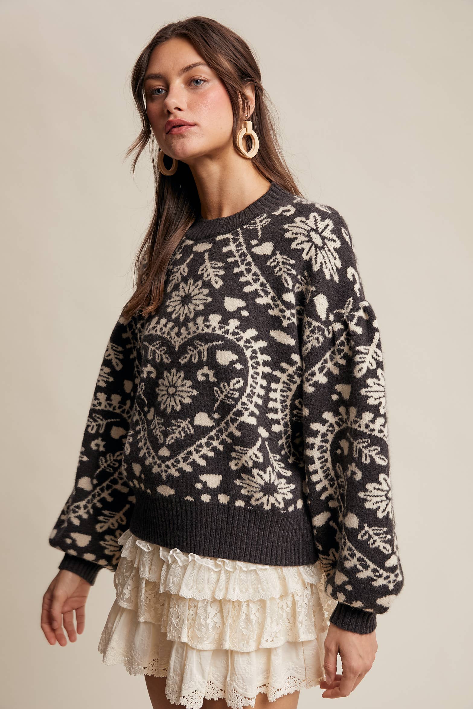 Heart Jacquard Knit Sweater: Charcoal
