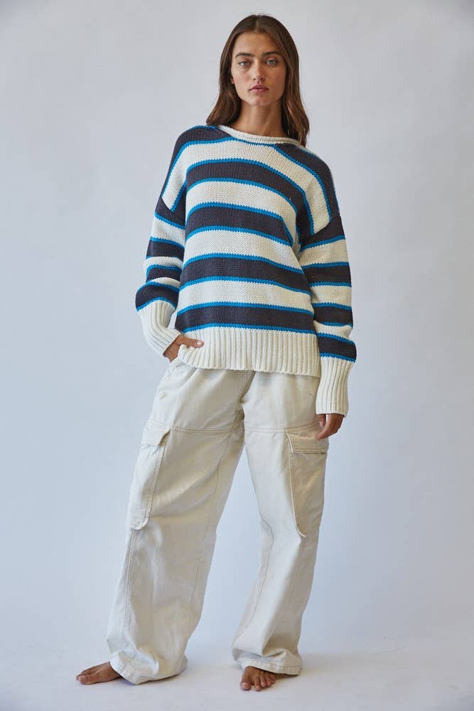 Navy/Teal Striped Knit Sweater