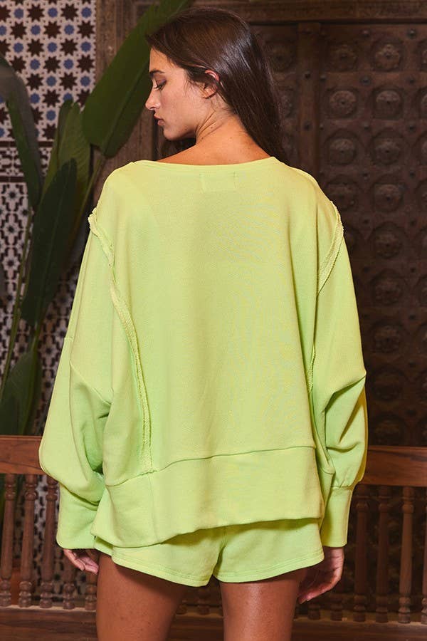 Lime Green Raw Edge Detail Hi-Low Hem Solid Terry Top