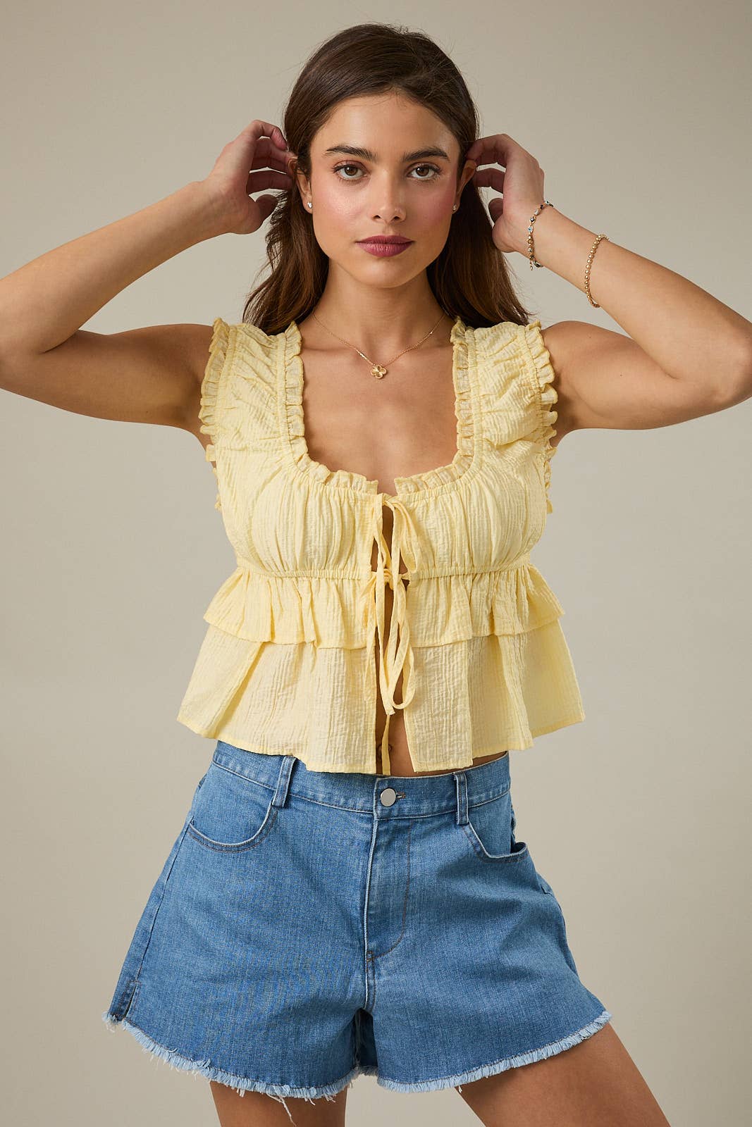 SLEEVELESS DOUBLE TIE BABYDOLL TIERED RUFFLE TOP