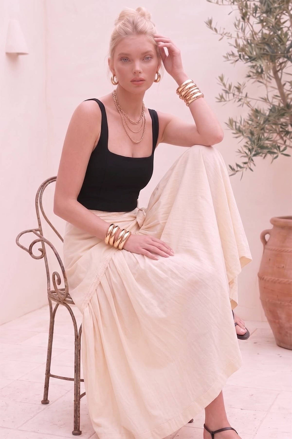 SIDE TIE DETAIL PLEATED WOVEN MIDI SKIRT