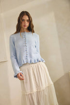BABY BLUE-Ruffle Wave Button Knit Cardigan
