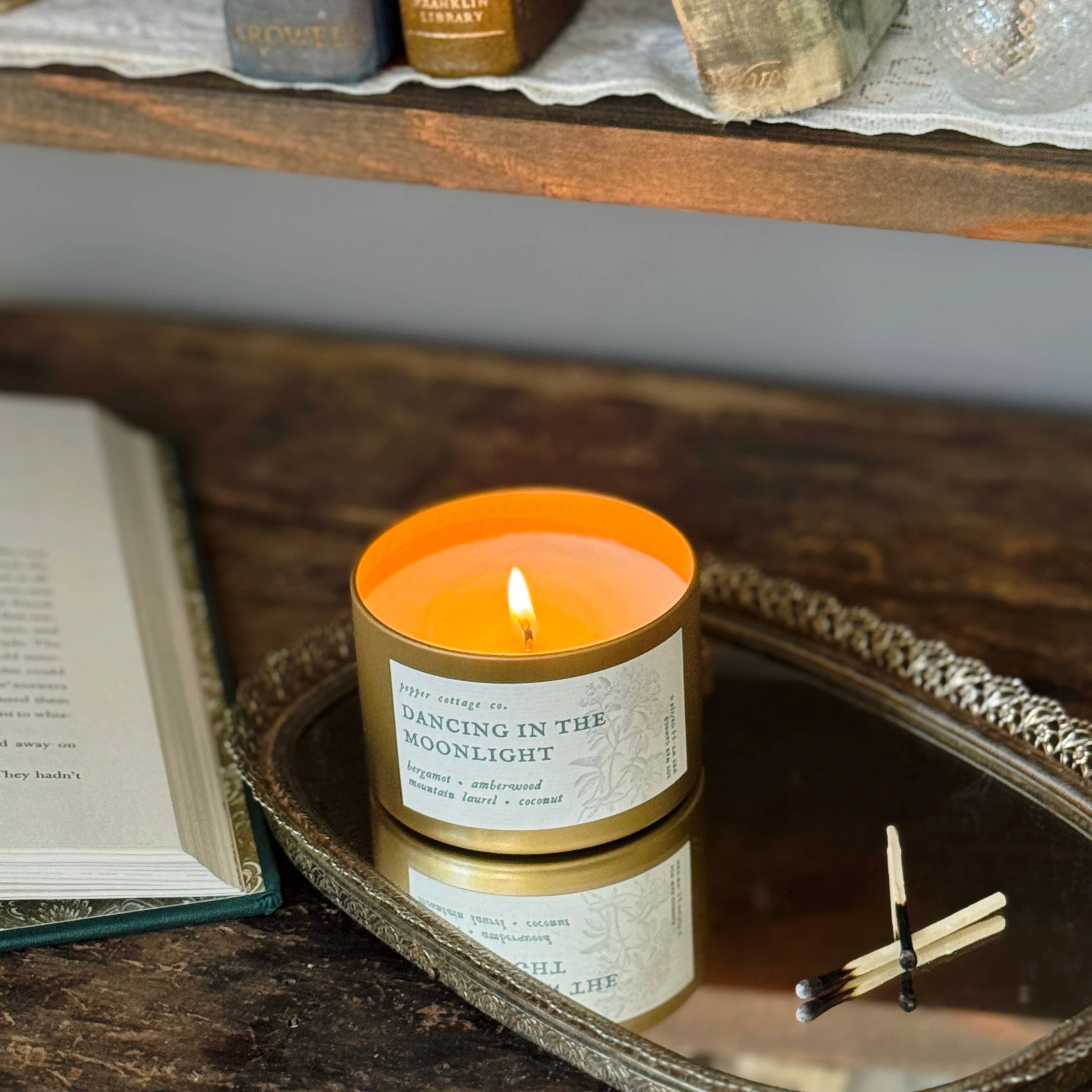 Dancing in the Moonlight 5.5 oz Soy Candle Tin | Bergamot, Amberwood, Mountain Laurel, Coconut | Clean and Citrusy Scented Candle