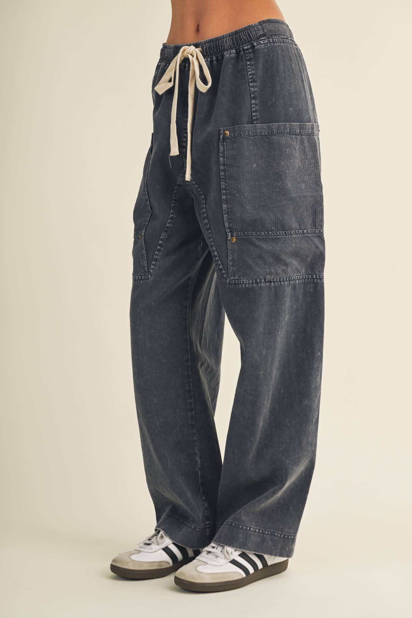 Drawstring Waist Wide Leg Utility Trouser