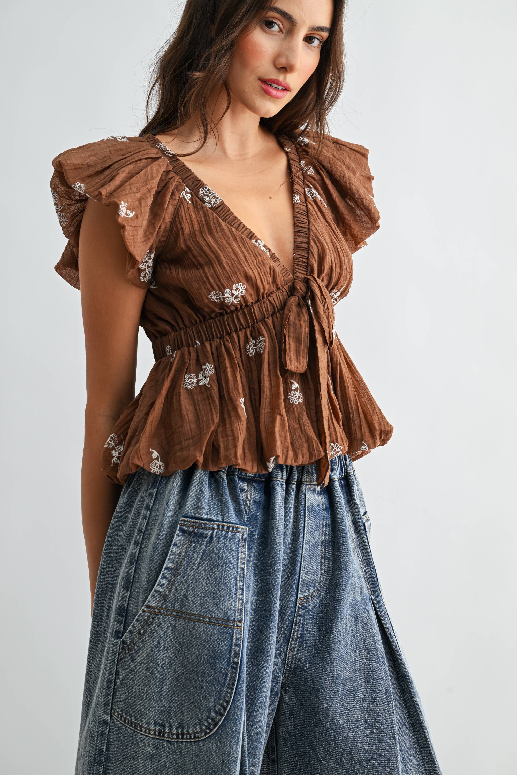 EMBROIDERED TIE-WAIST CROP TOP