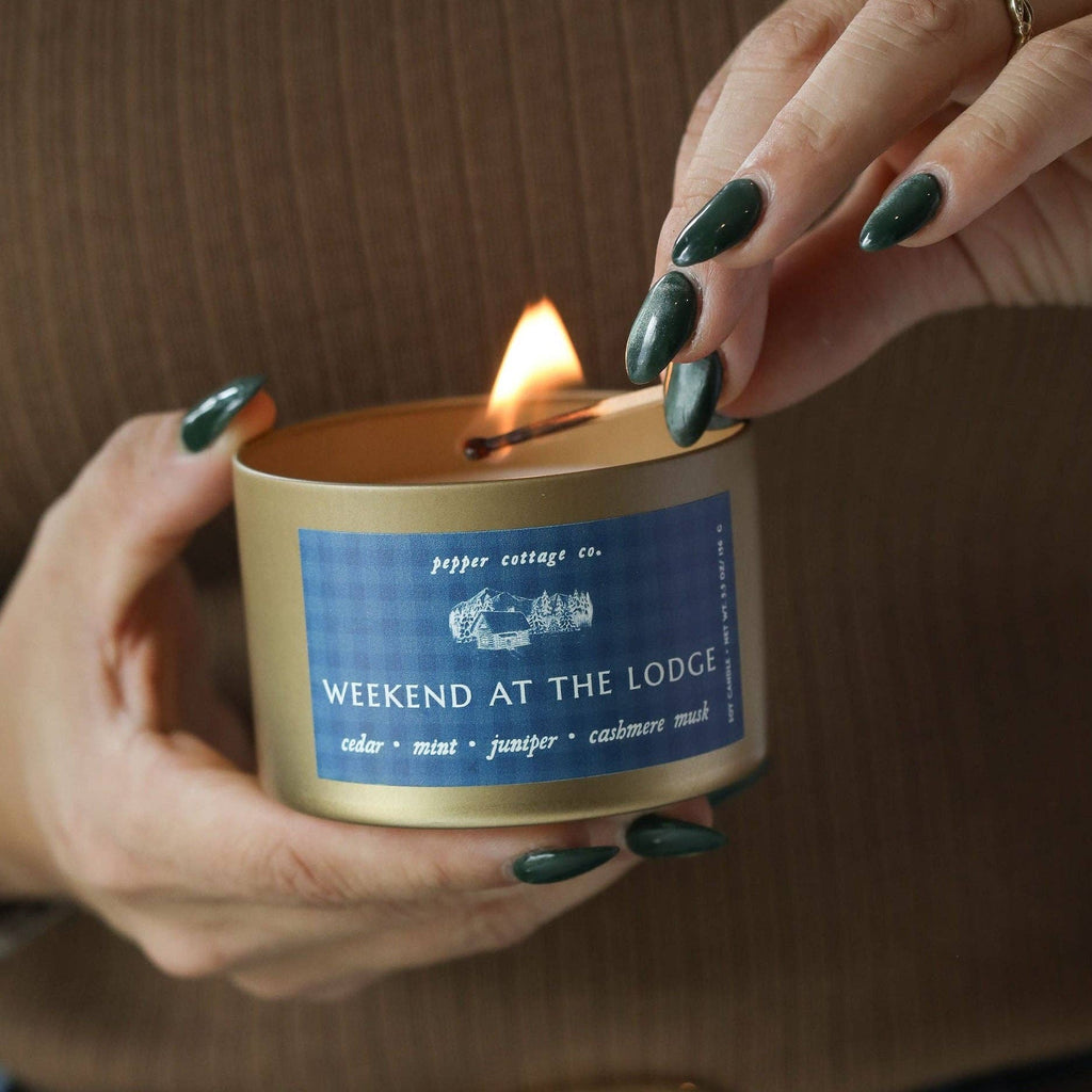 Weekend at the Lodge 5.5 oz Soy Candle | Cedar, Mint, Juniper, Cashmere Musk |  Fresh Winter Candle Tin