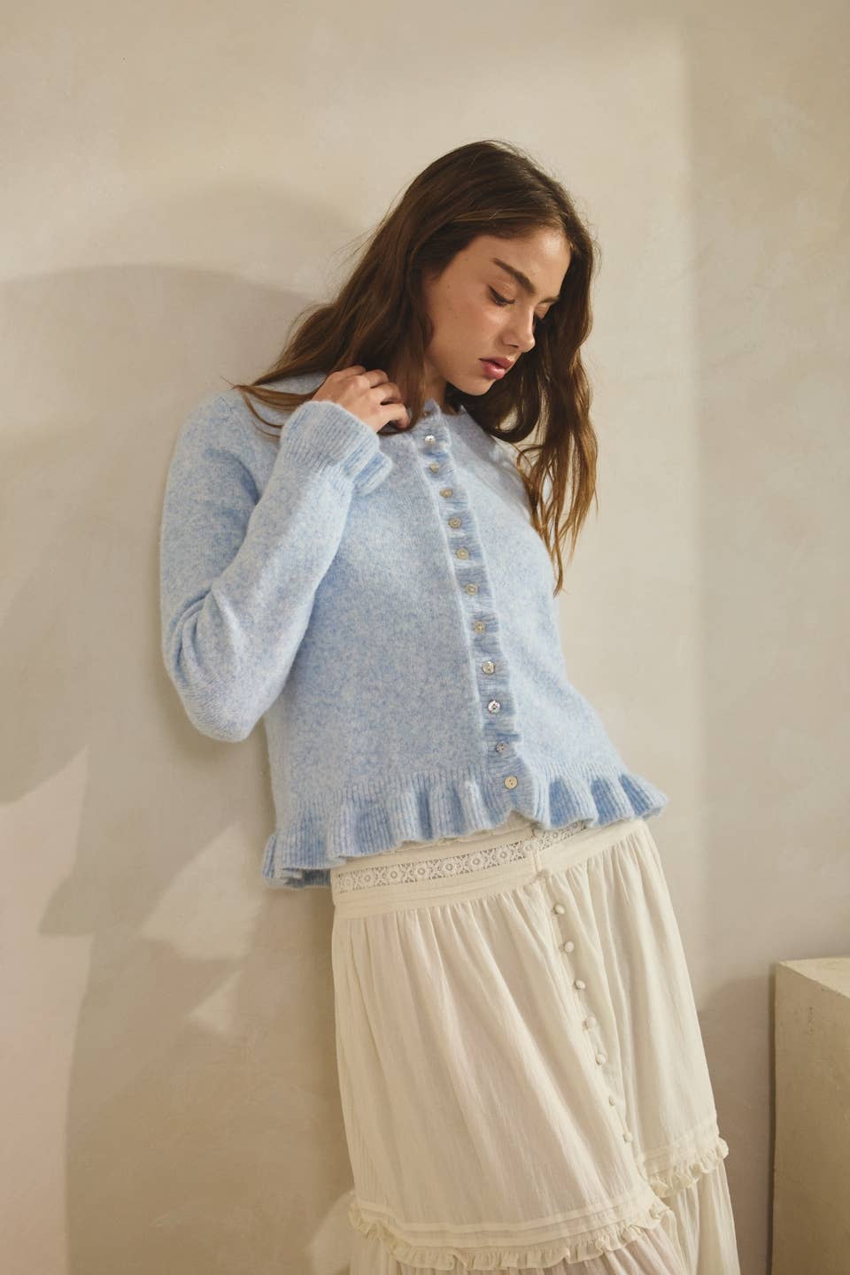 BABY BLUE-Ruffle Wave Button Knit Cardigan